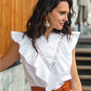 Valentina Mi Golondrina White Ruffle Lace Blouse Large